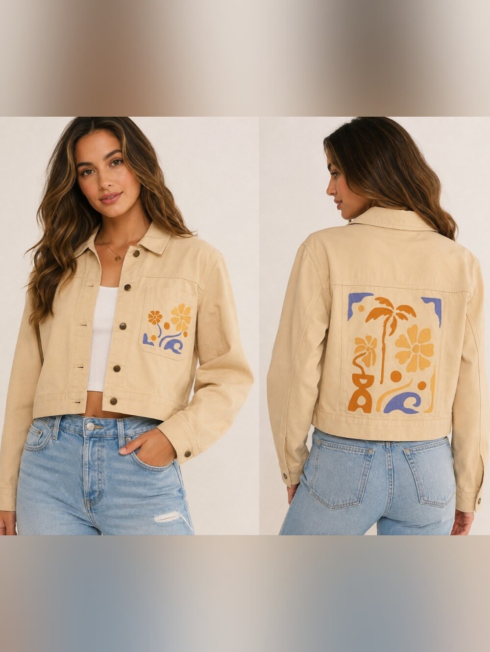 L*SPACE Capri Jacket Bone Embroidered Cropped Denim Jacket NWT S